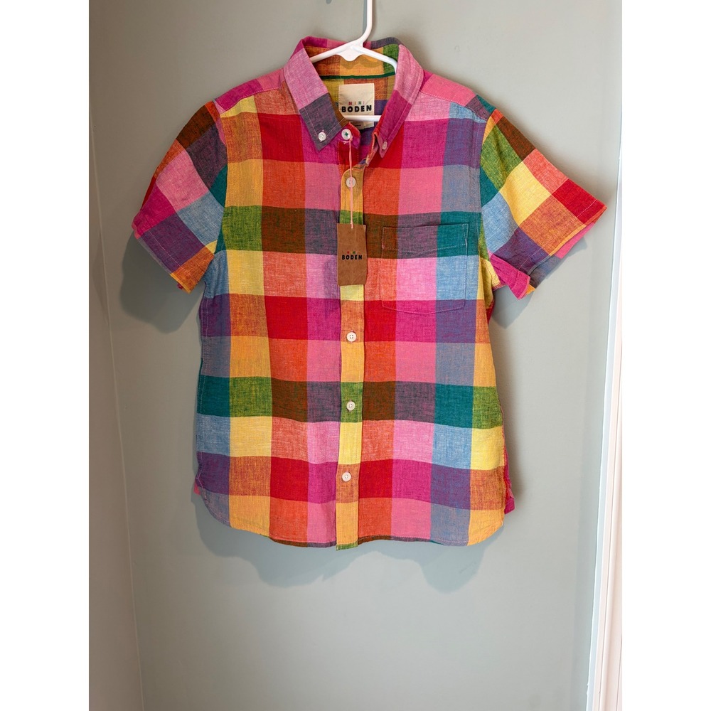 Mini Boden Kids Gingham Linen Cotton Short Sleeve Button Down Shirt 10-11Y